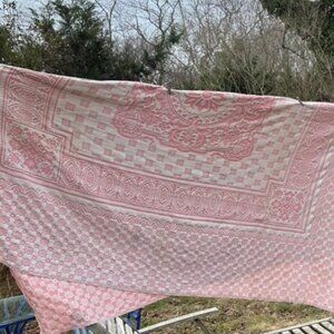 Antique Italian i believe PINK bone white jacquard quilt coverlet QUEEN/FULL